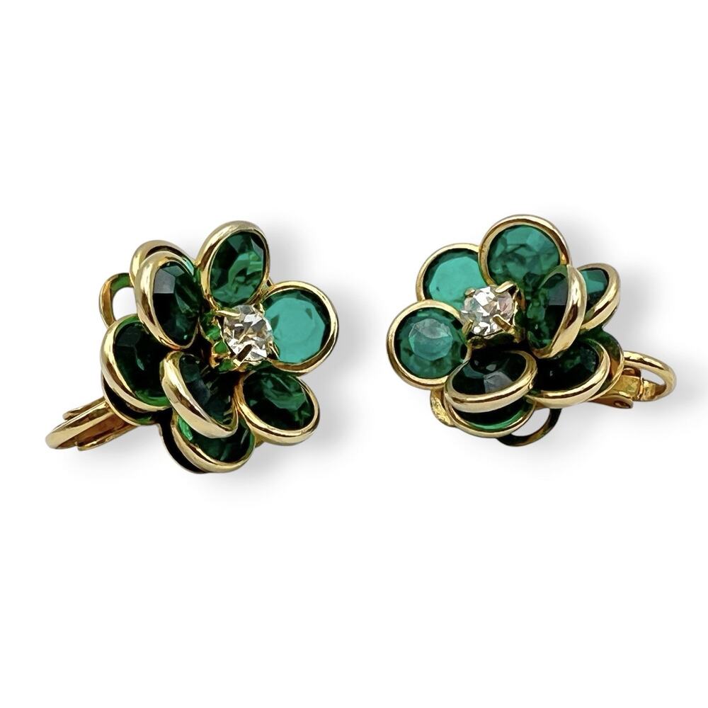 Vintage Flower Earrings Green Acrylic Petals Layered Classic Chic Gold Tone